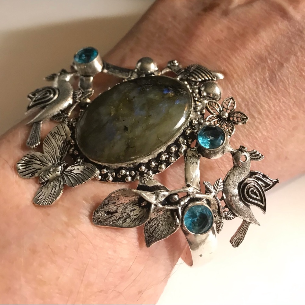 Labradorite Blue Topaz Stamped 925 Sterling Silver Cuff Bracelet